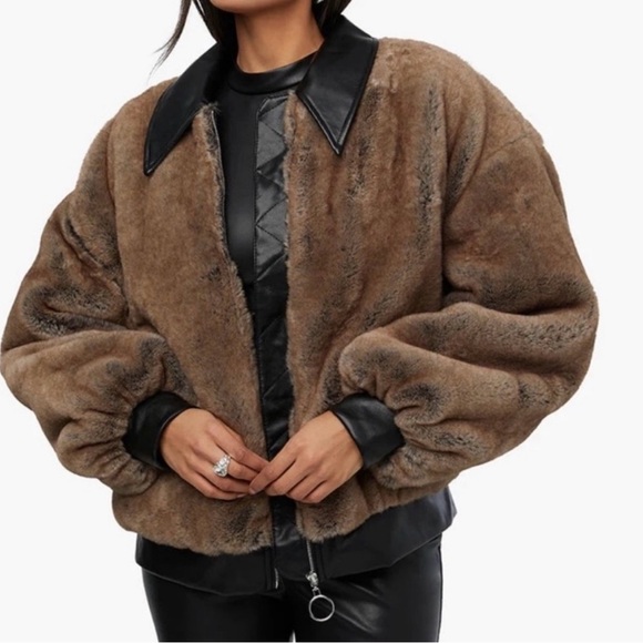 WeWoreWhat Brown Teddy Jacket with Black Collar - Picture 2 of 3
